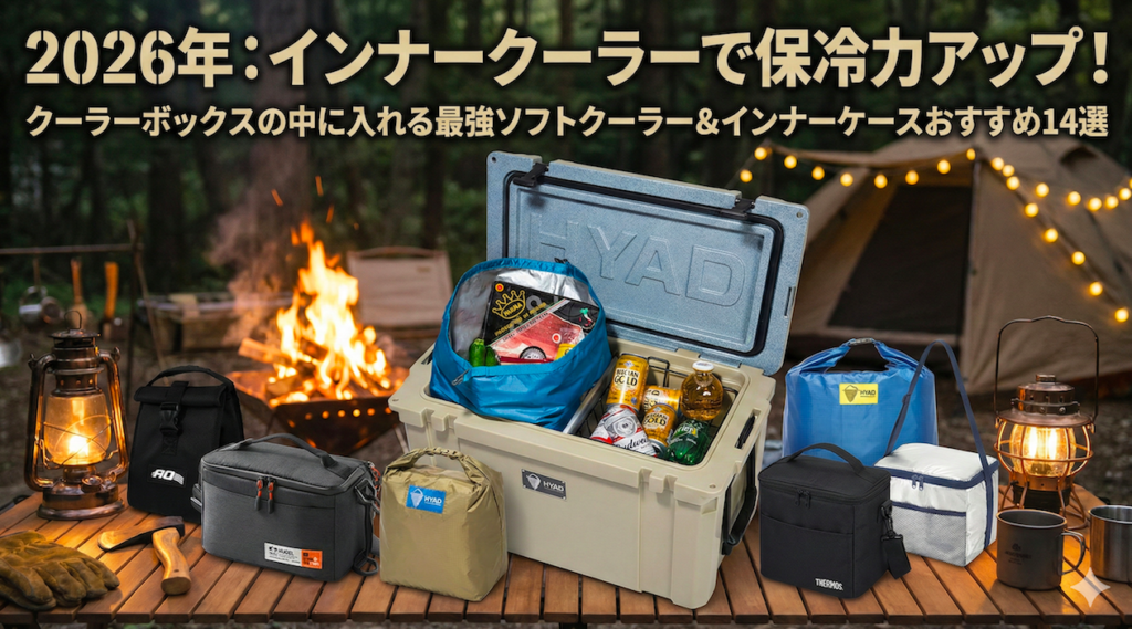 2026年最新版、保冷力をアップさせるインナークーラーのおすすめ14選を紹介する記事のアイキャッチ画像。キャンプサイトのウッドテーブル上に、ハードクーラーボックス内にシンデレラフィットしたインナーバッグや、AO Coolers、サーモス、BUNDOK、オレゴニアンキャンパーなどの人気ソフトクーラーが勢揃いしている様子。