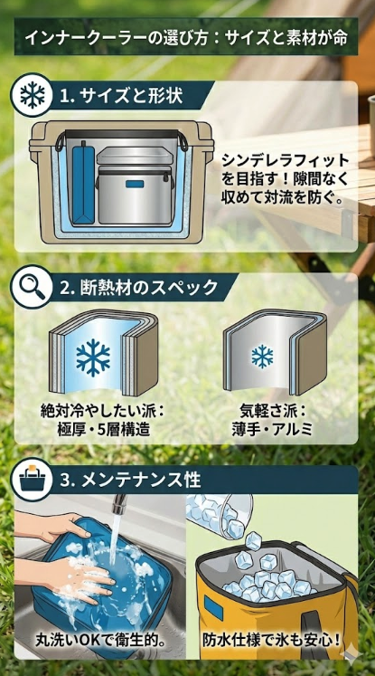 失敗しないインナークーラーの選び方を3つのポイントで解説した図解。1.メインのクーラーボックスに隙間なく収まる「サイズと形状」、2.用途に合わせて選ぶ「断熱材のスペック(極厚・5層構造または薄手・アルミ)」、3.丸洗いや防水機能といった「メンテナンス性」について、イラストを用いて比較・説明しています。