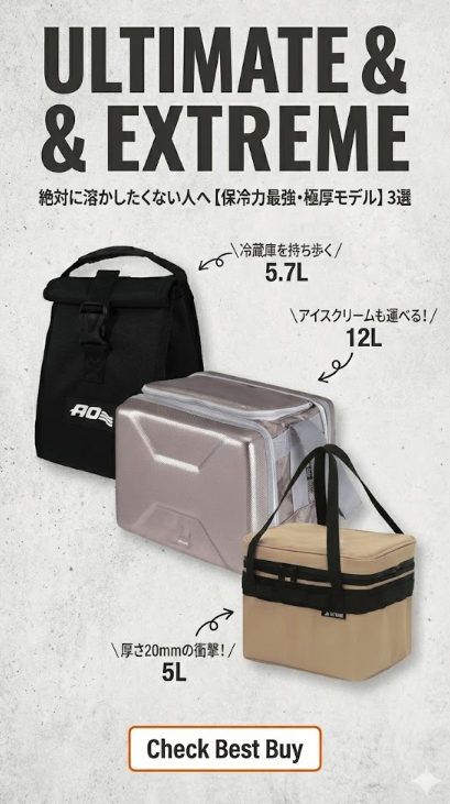 図解:絶対に溶かしたくない人への保冷力最強・極厚モデル3選。AO Coolers 5.7L(冷蔵庫を持ち歩く)、ロゴス12L(アイスクリームも運べる)、VASTLAND 5L(厚さ20mmの衝撃)。
