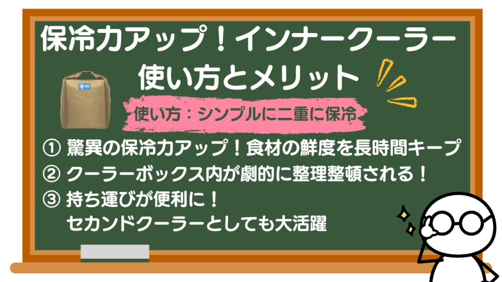 保冷力アップ！インナークーラーの使い方とメリット
インナークーラーの使い方：シンプルに二重に保冷
メリット① 驚異の保冷力アップ！食材の鮮度を長時間キープ
メリット② クーラーボックス内が劇的に整理整頓される！
メリット③ 持ち運びが便利に！セカンドクーラーとしても大活躍