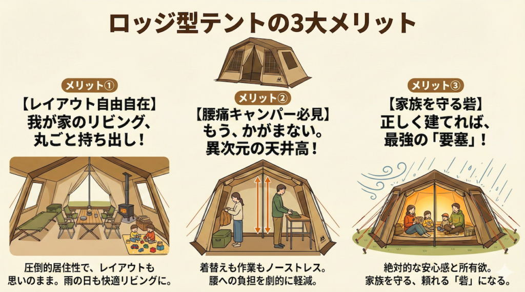【デメリットを上回る感動体験】ロッジ型テントだからこそ味わえる3つの究極メリット