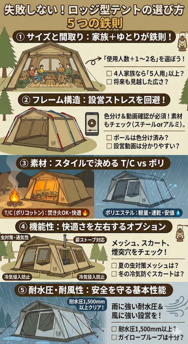 【後悔しない】ロッジ型テントの選び方5つの重要ポイント