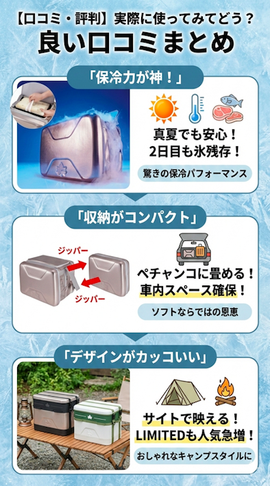 【口コミ図解】ロゴス ハイパー氷点下クーラーの良い評判まとめ。「保冷力が神!」(真夏でも安心、2日目も氷残存)、「収納がコンパクト」(ペチャンコに畳めて車内スペース確保)、「デザインがカッコいい」(サイトで映える、LIMITEDモデルも人気)という3つの主要なメリットを、実際の使用シーンやアイコンと共に分かりやすく解説したインフォグラフィック。