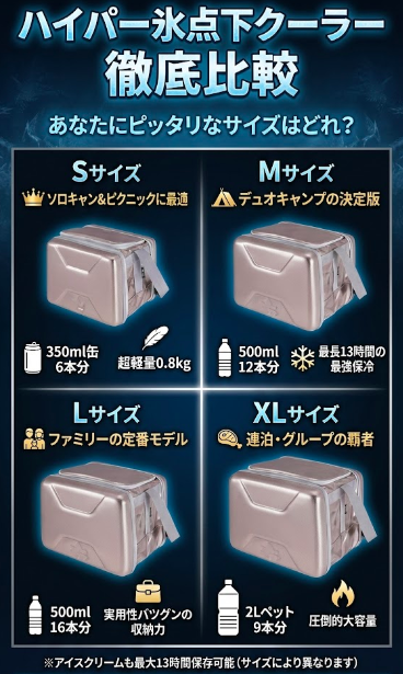 【図解】ロゴス ハイパー氷点下クーラー全サイズ比較表(S・M・L・XL)。各サイズの容量目安(350ml缶・500mlペットボトル・2Lペットボトル収納数)と、ソロからファミリー、グループキャンプまでのおすすめ利用シーンを一目で分かりやすく解説。