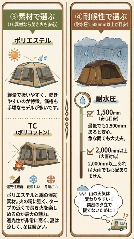 ③ 素材で選ぶ（TC素材なら焚き火も安心）
④ 耐候性で選ぶ（耐水圧1,500mm以上が目安）