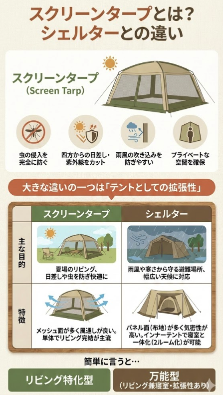 そもそもスクリーンタープとは？シェルターとの違いは？
