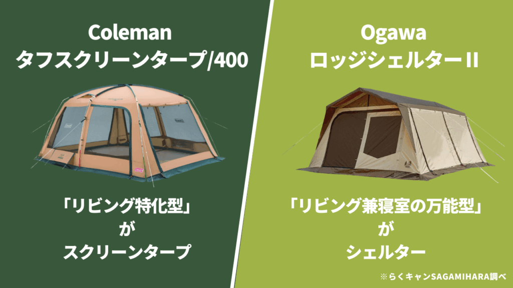 そもそもスクリーンタープとは？シェルターとの違いは？コールマンタフスクリーンタープ400とOgawaロッジシェルターⅡ比較