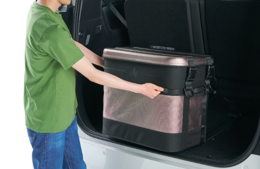 ロゴス ハイパー氷点下クールボックス・スリップリッド 40を車ラゲッジルームに積み込み