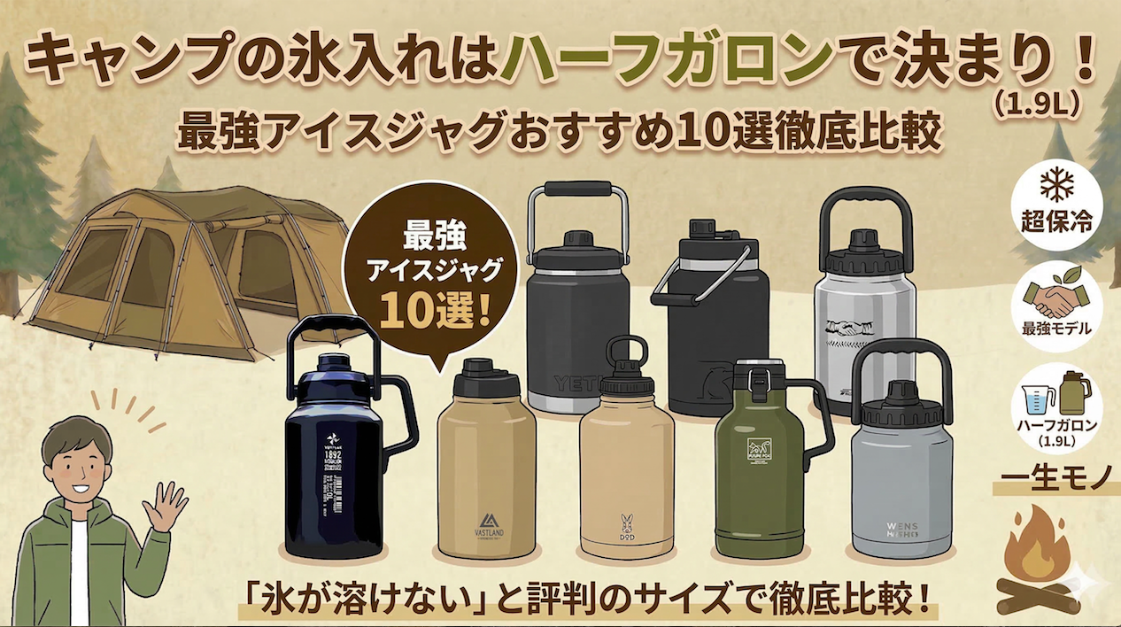 キャンプ用アイスジャグ（1.9L/ハーフガロン）のおすすめ10選を比較する記事のアイキャッチ画像。タイトルは「キャンプの氷入れはハーフガロンで決まり！(1.9L) 最強アイスジャグおすすめ10選徹底比較」。中央に並んだ10個の様々なアイスジャグ、左にテントと手を振る男性のイラスト、右に「超保冷」「最強モデル」「ハーフガロン(1.9L)」「一生モノ」のアイコンとテキストがある。下部には「『氷が溶けない』と評判のサイズで徹底比較！」のテキスト。