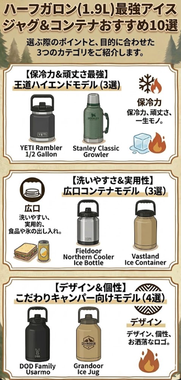 キャンプ用ハーフガロン（1.9L）アイスジャグ＆コンテナのおすすめ10選を紹介する比較図解イラスト。上部にタイトルと、王道ハイエンド、広口コンテナ、デザイン・個性の3つのカテゴリ紹介。各カテゴリに、YETI、Stanley、Fieldoor、Vastland、DOD、Grandoorの製品イラストと、保冷力やデザインなどの特徴を示すアイコンが描かれている。下部に焚き火のイラスト。