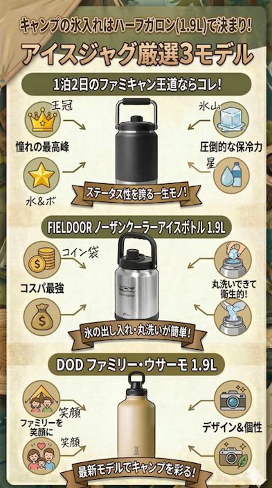 キャンプの氷入れにおすすめ！YETI、FIELDOOR、DODの1.9Lハーフガロンアイスジャグ厳選3モデル比較図解
