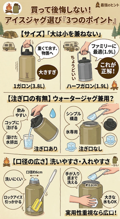 キャンプ用アイスジャグ選びの3つのポイントを解説するインフォグラフィック。

サイズ: ファミリーキャンプには、1ガロン（大きすぎ、重い）よりもハーフガロン（1.9L、ちょうどいい）が推奨されています。

注ぎ口の有無: 飲みやすさや水の排出を重視するなら「注ぎ口あり」、シンプルな構造で氷専用なら「注ぎ口なし」が適しています。イラストでコップへの注ぎ方とトングでの氷の入れ方を比較しています。

口径の広さ: 洗いやすさと大きな氷の入れやすさを比較。「口径 約6cm」は洗いづらく、「口径 約12cm以上（広口）」は手が底まで入り大きな氷も入るため実用性が高いと説明されています。

焚き火やテントのアイコンとともに、イラストと日本語テキストで各ポイントのメリット・デメリットが分かりやすくまとめられています。
