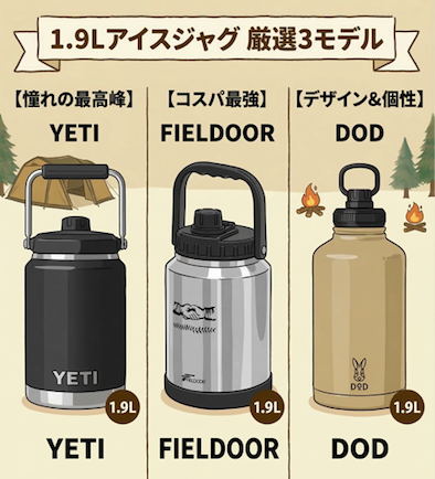「1.9Lアイスジャグ 厳選3モデル」と書かれた比較図解イラスト。左から、YETIは「一生モノの保冷力とステータス」、中央のFIELDOORは「コスパ最強で超広口」、右のDODは「デザイン＆個性とファミリー向け」の特徴が整理されている。