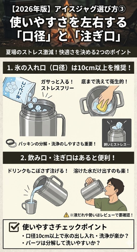 アイスジャグ・コンテナの選び方③ 使いやすさを左右する「口径」と「注ぎ口」