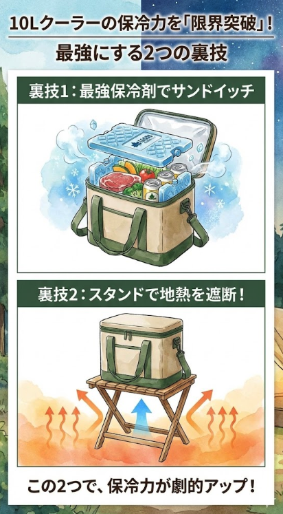 10Lクーラーの保冷力を「限界突破」させる2つの裏技図解。裏技1は最強保冷剤で食材を上下から挟む「サンドイッチ」、裏技2はクーラースタンドを使用して「地熱を遮断」する様子をイラストで解説。