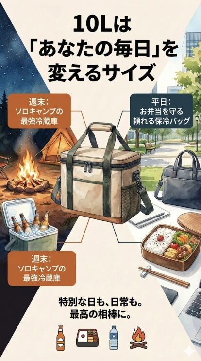 10Lソフトクーラーの活用シーン図解。「あなたの毎日」を変えるサイズ。週末はソロキャンプの最強冷蔵庫として、平日はお弁当を守る頼れる保冷バッグとして、オンオフ問わず活躍する様子。