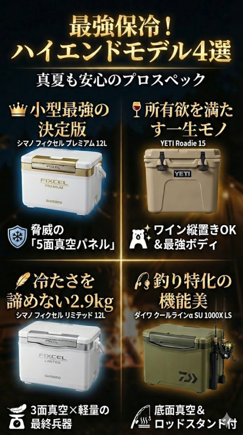 【図解】【最強保冷・ハイエンド】真夏も安心のプロスペック 4選比較（シマノプレミアム、イエティ、シマノリミテッド、ダイワ）