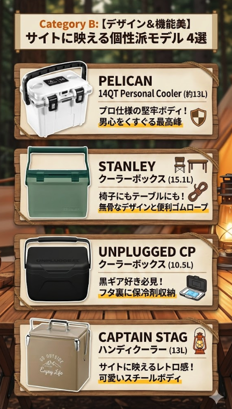【図解】12L小型ハードクーラーボックスおすすめ：デザイン＆機能美モデル4選（PELICAN・スタンレー・アンプラグドキャンプ・キャプテンスタッグ）