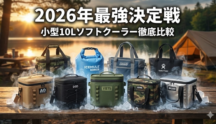 湖畔のキャンプサイトで、AO Coolers, YETI, DOD, IceMule, Colemanなど、記事で比較する小型10Lソフトクーラーがテーブルに並んでいる。すべてのクーラーから強力な冷気と氷が出ており、2026年の保冷力最強決定戦を表現したアイキャッチ画像。