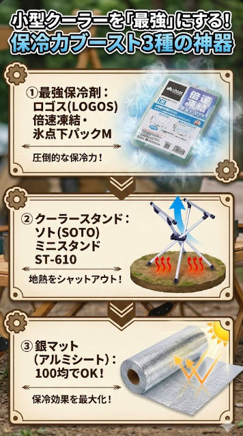図解「小型クーラーを「最強」にする！保冷力ブースト3種の神器」。①最強保冷剤「ロゴス(LOGOS) 倍速凍結・氷点下パックM」で圧倒的な保冷力を発揮、②クーラースタンド「ソト(SOTO) ミニスタンド ST-610」で地熱をシャットアウト、③銀マット（アルミシート）で保冷効果を最大化する様子を描いたイラスト。