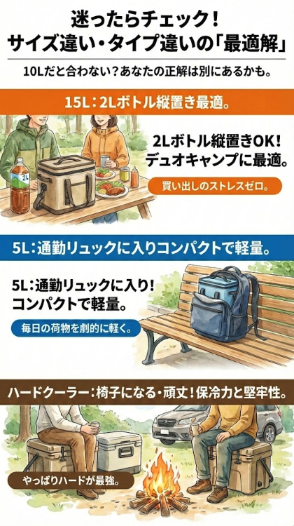 クーラーボックスのサイズ・タイプ別「最適解」図解。10Lで迷った人向けに、15L(2Lボトル縦置き、デュオキャンプ)、5L(通勤リュックに入るコンパクト)、ハードクーラー(椅子になる頑丈さ)をイラストで比較紹介。