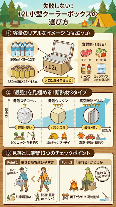 【図解】失敗しない12L小型クーラーボックスの選び方。1泊2日ソロキャンプの容量目安、断熱材3種類（発泡スチロール/発泡ウレタン/真空断熱パネル）の保冷力比較、重さや「座れるか」のチェックポイントをまとめたインフォグラフィック。