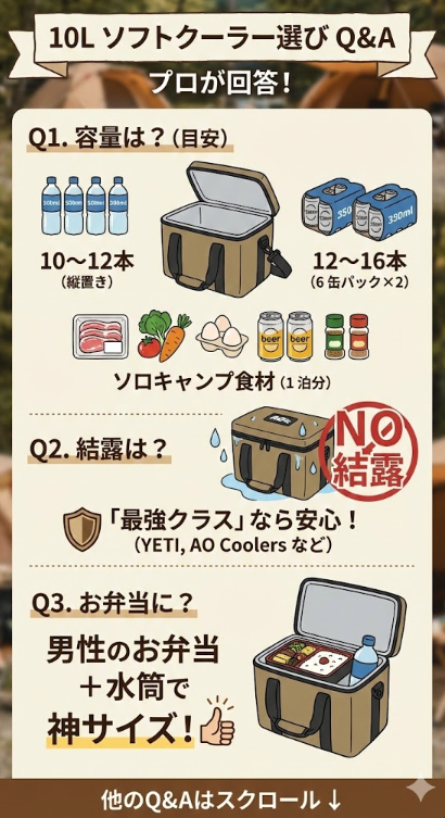 10Lソフトクーラー選びのよくある質問(Q&A)図解。Q1.容量の目安:500mlペットボトルなら縦置きで10〜12本、350ml缶なら12〜16本、ソロキャンプ1泊分の食材(肉、野菜、卵、ビール等)も収納可能。Q2.結露について:YETIやAO Coolersなどの最強クラスなら結露の心配なし。Q3.お弁当利用:男性用のお弁当箱と水筒が一緒に入る最適なサイズ感。