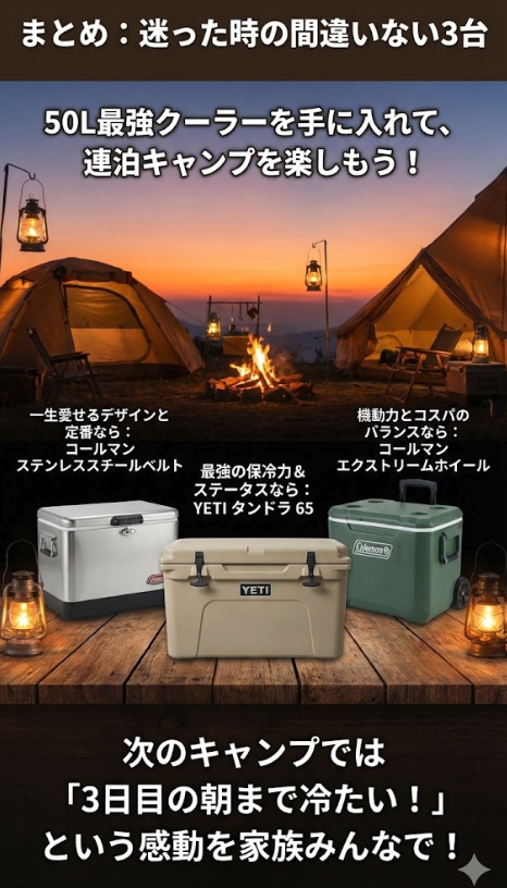 まとめ：50L最強クーラーを手に入れて、連泊キャンプを楽しもう！
