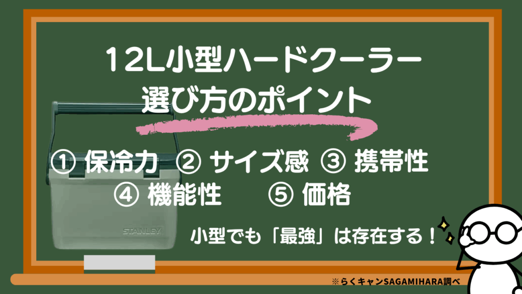 キャンプで使いたい12L小型ハードクーラーボックスの選び方
1保冷力2サイズ感3携帯性4機能性5価格