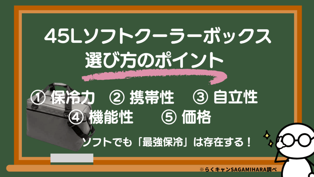 キャンプで使いたい45Lソフトクーラーボックスの選び方
1保冷力2携帯性3自立性4機能性5価格