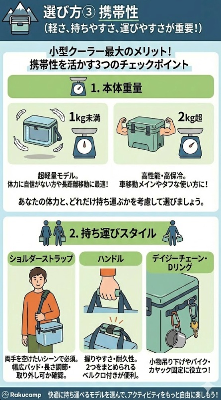 選び方のポイント③：携帯性（軽さ、持ちやすさ、運びやすさが重要！）