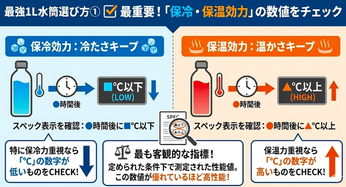 ① 最重要！「保冷・保温効力」の数値をチェック