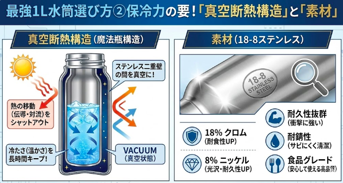 ② 保冷力の要！「真空断熱構造」と「素材」