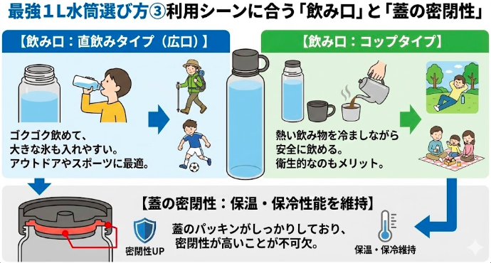 ③ 利用シーンに合う「飲み口」と「蓋の密閉性」