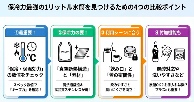 保冷力最強の1リットル水筒を見つけるための4つの比較ポイント