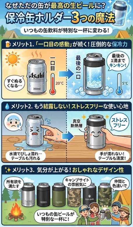 なぜただの缶が最高の生ビールに？保冷缶ホルダー3つの魔法