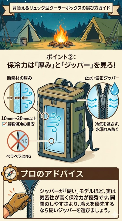 ポイント②：保冷力は「厚み」と「ジッパー」を見ろ！