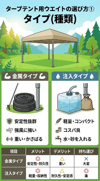 タープテント用ウエイトの選び方① タイプ(種類)