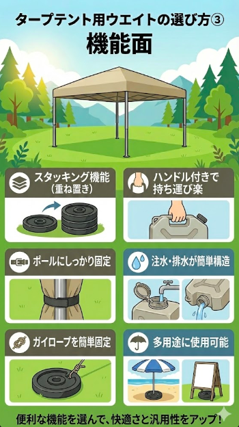 タープテント用ウエイトの選び方③ 機能面