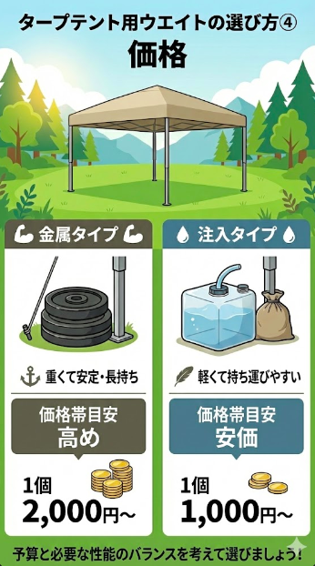 タープテント用ウエイトの選び方④ 価格