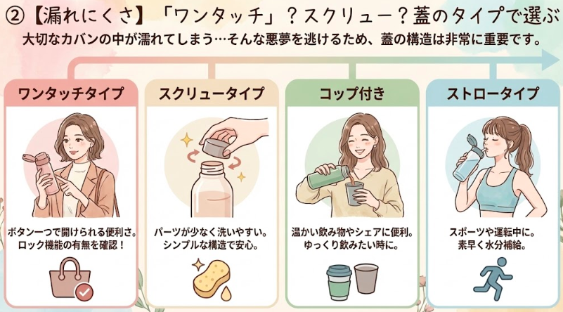 ②【漏れにくさ】「ワンタッチ」？スクリュー？蓋のタイプで選ぶ