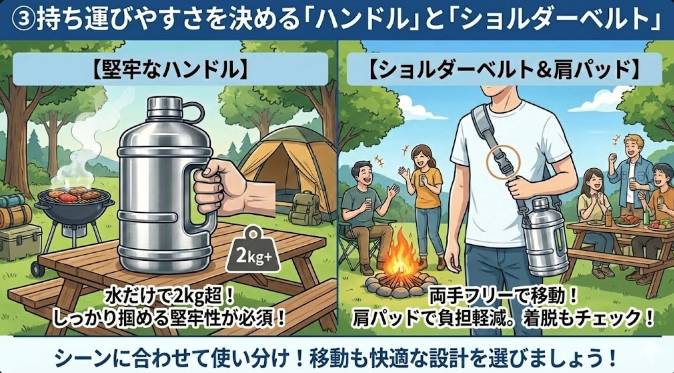 ③持ち運びやすさを決める「ハンドル」と「ショルダーベルト」