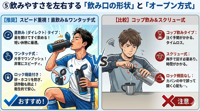 ⑤飲みやすさを左右する「飲み口の形状」と「オープン方式」