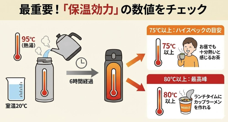 ① 最重要！「保温効力」の数値をチェック