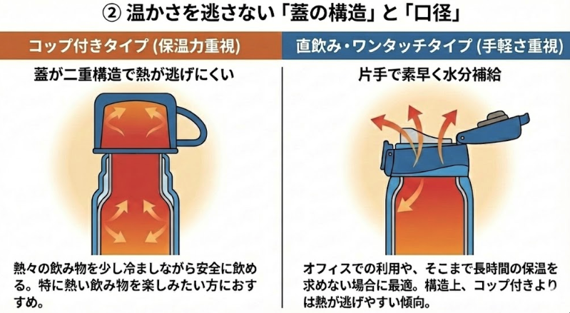② 温かさを逃さない「蓋の構造」と「口径」