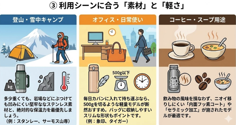 ③ 利用シーンに合う「素材」と「軽さ」