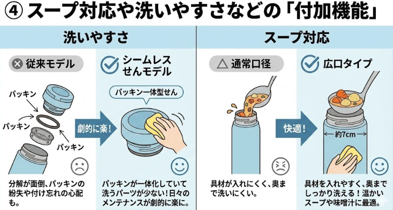 ④ スープ対応や洗いやすさなどの「付加機能」