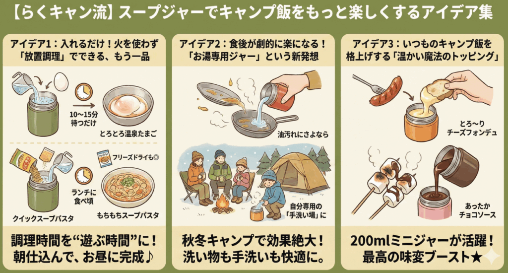 【らくキャン流】スープジャーでキャンプ飯をもっと楽しくするアイデア集