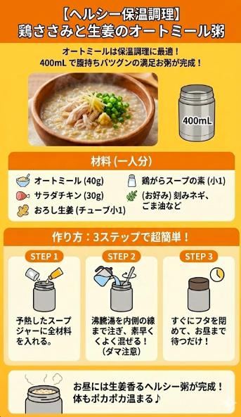 【ヘルシー保温調理】鶏ささみと生姜のオートミール粥