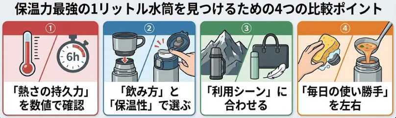 保温力最強の1リットル水筒を見つけるための4つの比較ポイント